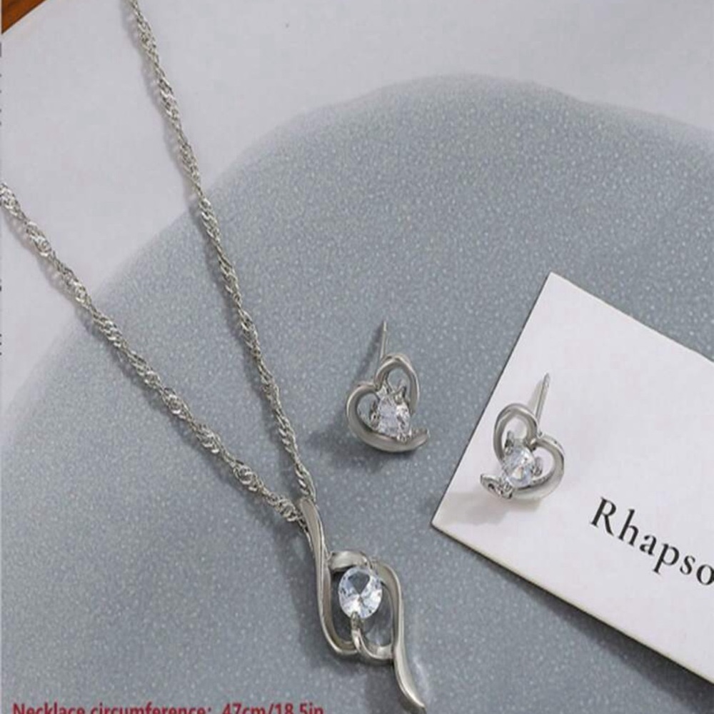 3pcs New Design Cubic Zirconia Decor Heart Shaped Necklace & Earrings Set, - Picture 7 of 7